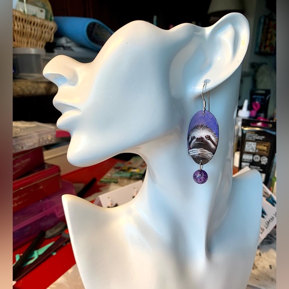 Hand Painted sloth earrings sterling wires, purple bead OOAK wildlife earrings - Picture 3 of 5